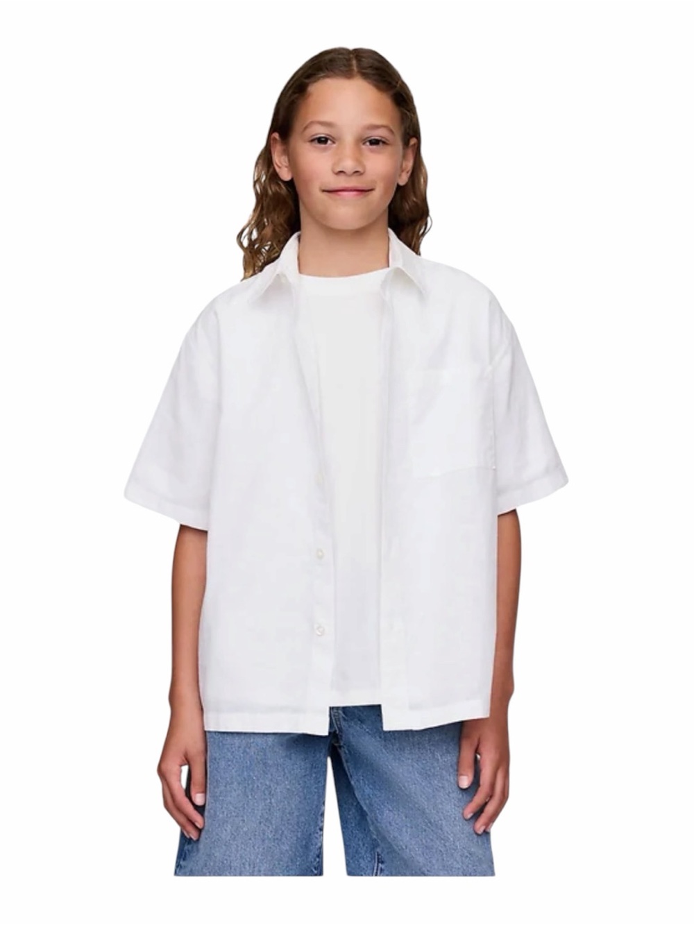 Gap Boys Relaxed Button Down Linen Short Sleeve Shirt, White, Size Medium 8, NEW